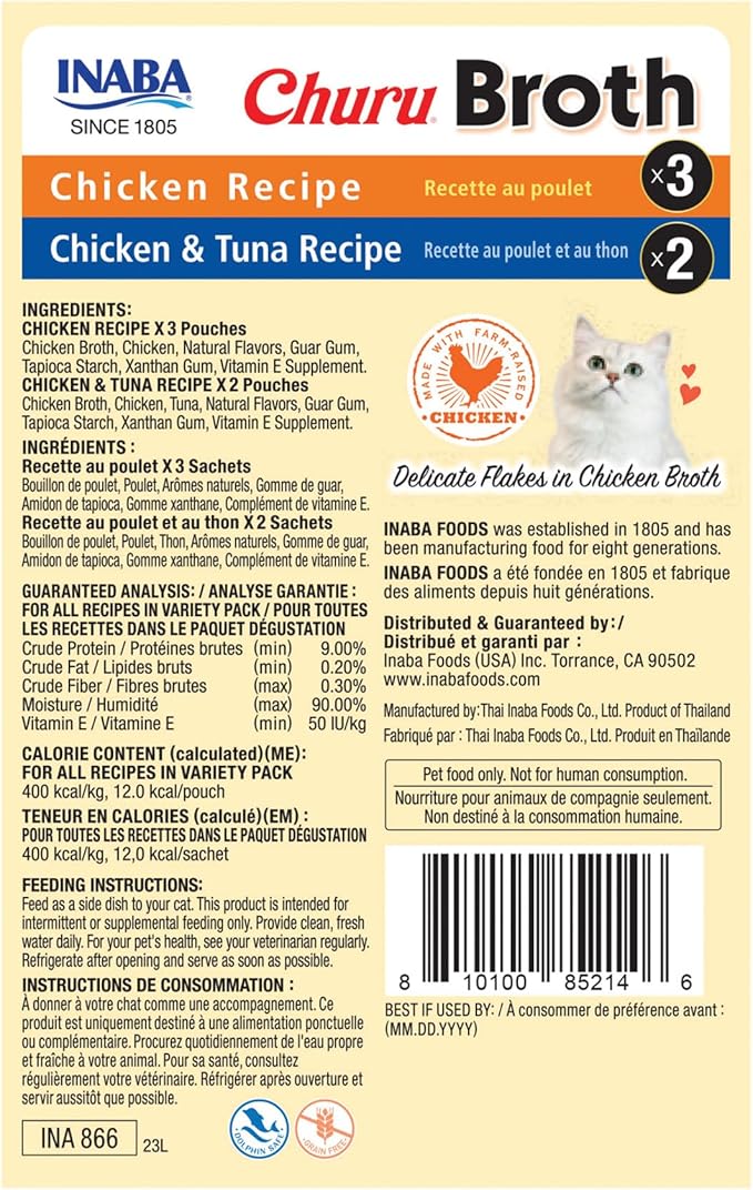 INABA Churu Broth for Cats, Creamy Purée Side Dish Pouch, 1.05 oz Pouches, 15 Pouches Total, Chicken and Tuna Variety