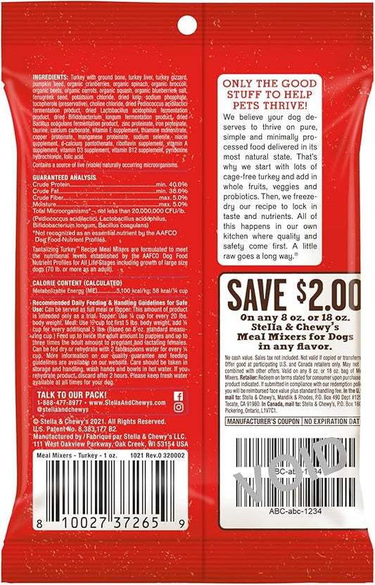 Stella & Chewy's Freeze-Dried Raw Tantalizing Turkey Meal Mixers- Dog Food Topper and Mixer - Made with 95% Cage-Free Turkey, Organs & Bone - Perfect for Picky Eaters - Grain-Free - 1 oz (Pack of 6)