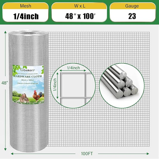 Gbekery Hardware Cloth 1/4 inch 48in x 100ft 23 Gauge, Hot-dip Galvanized After Welding Chicken Wire Fence Roll Garden Plant Welded Metal Wire Fencing Roll, Rabbit Cages Snake Fence