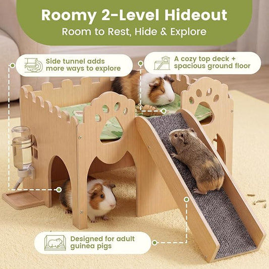Guinea Pig Castle Extra Large, Sturdy Wooden Hideout House Ventilated Multi-Entry Small Animal Habitat, Easy to Assemble for Guinea Pigs, Bunnies, Hamsters, and Chinchillas
