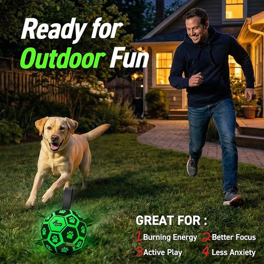 QDAN Glow in The Dark Dog Toys Soccer Ball with Straps, Outdoor Interactive Dog Toys Puppy Birthday Gifts, Dog Tug Water Toy, Light Up Dog Balls for Small & Medium Dogs(6 Inch Size 2)
