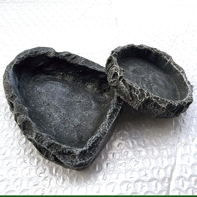 2 Pack Reptile Water Dish - Reptile Water and Food Bowls with Tongs Imitating Natural Rock,Breadworm Feeding for Leopard Gecko Lizard Spider Scorpion Chameleon (2Pcs Square+Round)