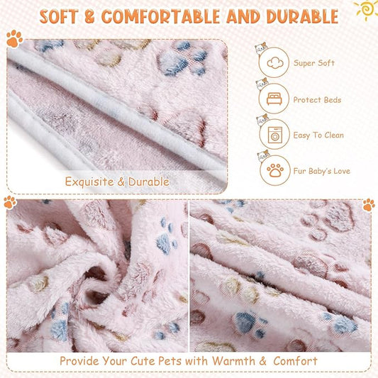 Tatuo 4 Pack Fleece Dog Blankets for Puppy Cats Multi-Size Sleep Mat for Pet Guinea Pig Soft Washable Warm Crate Bed Puppy Teething Toys Print Pattern Blanket Indoor(Beige,24 x 16 Inch,Paw)