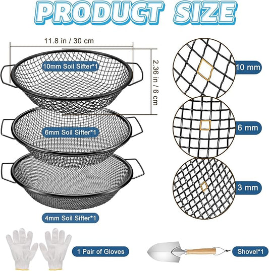 3PCS Soil Sifter for Gardening, Rock Soil Sifter with Handle Compost Sifting Screen for 5 Gallon Buckets with Metal Garden Shovel Gloves 3,6,10mm Mesh Sizes Remove Stone Fine Gravel Sand Dirt Black