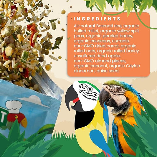 Bird Street Bistro Parrot Food for Parakeets & Cockatiels - CinnaSpice - 24 oz - Cooks in 3-15 min, Natural Grains, Fruits & Vegetables - USA Made