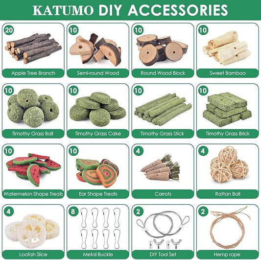 KATUMO Rabbit Chew Toys, 134 PCS DIY Hamster Chew Toys Kit Bunny Teeth Care Molar Ideal for Rabbit, Guinea Pig, Chinchilla, Hamster, Squirrel, Gerbils Etc Small Rodent Pets' Teeth Grinding