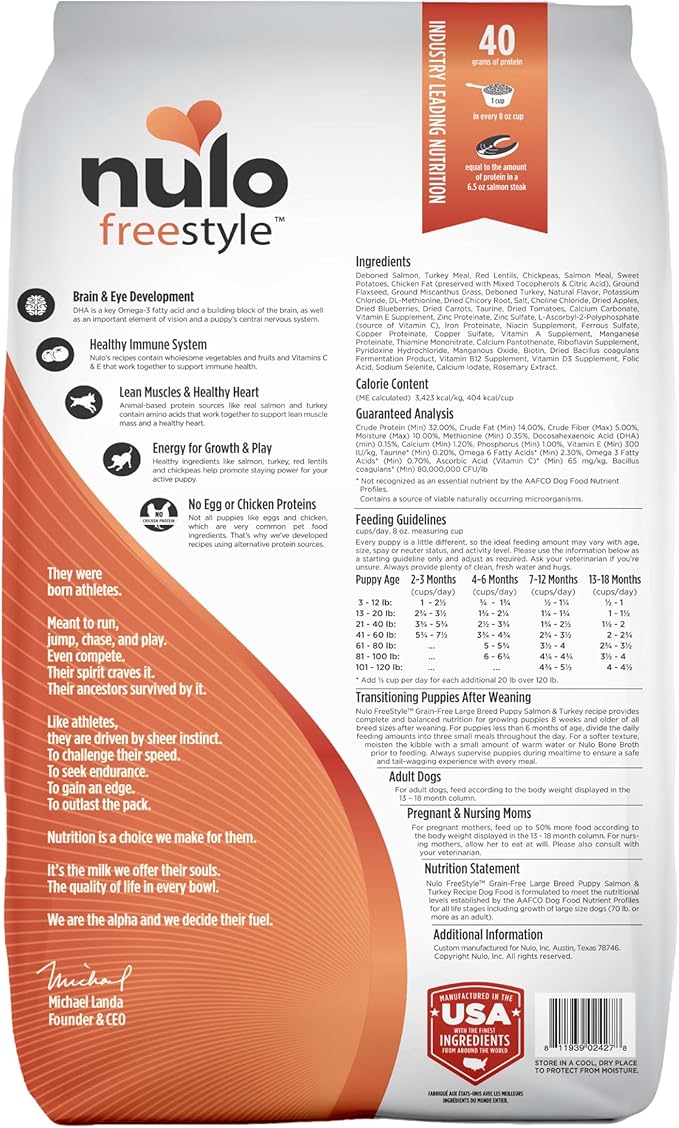Nulo Freestyle Large Breed Puppy Food - Salmon & Turkey, Dry Grain Free Dog Food for Puppies, Natural, High Protein Kibble with DHA, Probiotics, Calcium & Phosphorus for Healthy Development, 26lb Bag