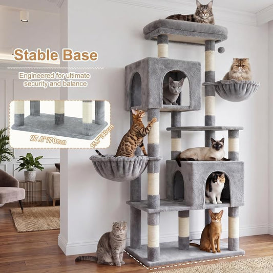 Heybly 68.1" Cat Tree with Oversized Top Platform & Wide Base, Heavy Duty Cat Tower for Large Indoor Cats with 2 Condos, 2 Hammocks, 10 Sisal Scratching Posts, Stable Cat House, Light Gray HCT059W