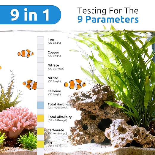 SEAOURA 9-in-1 Aquarium Test Kit for Fish Tanks - 65 Strips Water Testing Strips for Aquariums & Ponds Accurate Testing Iron,Copper,Nitrate,Nitrite,Chlorine,Hardness,Alkalinity,Carbonate,pH