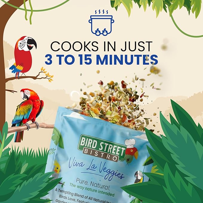 Bird Street Bistro Parrot Food for Parakeets & Cockatiels - Viva La Veggies - 24 oz - Cooks in 3-15 min, Natural Grains, Fruits & Vegetables - USA Made