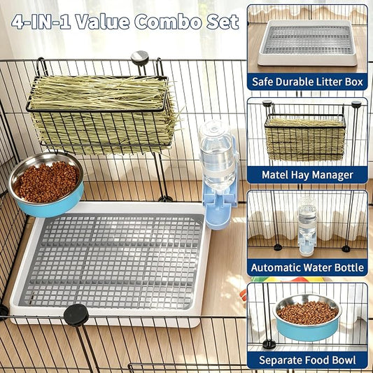 FHTONGE 4 in 1 Guinea Pig Litter Box with Feeder for Cage, Metal Hay Rack&Trainer Tray&Water Bottle&Food Bowl, Guinea Pig Toilet and Feeder Combo for Bunny Hamster Hedgehog Chinchilla Sugar Glider