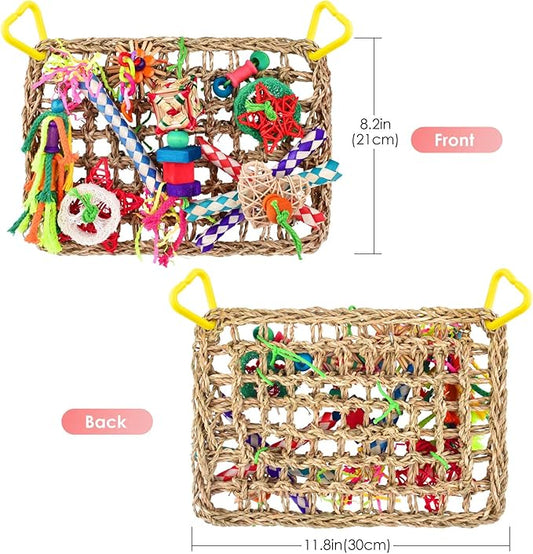 KATUMO Bird Toys, Bird Foraging Wall Toy, Edible Seagrass Woven Climbing Hammock Mat with Colorful Chewing Toys, Suitable for Lovebirds, Finch, Parakeets, Budgerigars, Conure, Cockatiel