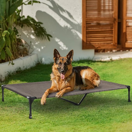 Veehoo Outdoor Elevated Dog Bed Large Sized Dogs, XL Cooling Raised Dog Cots Beds Training Platform Off Ground Hammock with Breathable Mesh, No-Slip Feet, 49"x33", Brown
