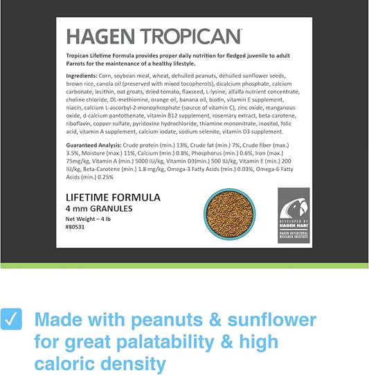 Hagen Tropican Lifetime Formula Parrot Food, 4 lb. - Hari Parrot Food with Peanuts & Sunflower Seeds and Balance Nutrition Levels