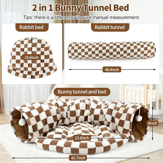 BWOGUE Bunny Tunnel Bed, 2-in-1 Collapsible Tunnel Tubes Toys with Removable Mat Hideout for Cats Kittens Rabbits Guinea Pigs Kitty (Brown Checks)