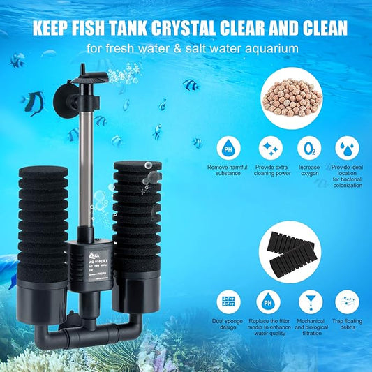 AQQA Aquarium Sponge Filter, Power Driven Double Biochemical Water Filter, Quiet Submersible Foam Filter with 2 Extra Sponges, 1 Bag of Filtered Ceramic Balls for Fresh and Salt Water Fish Tank (S)