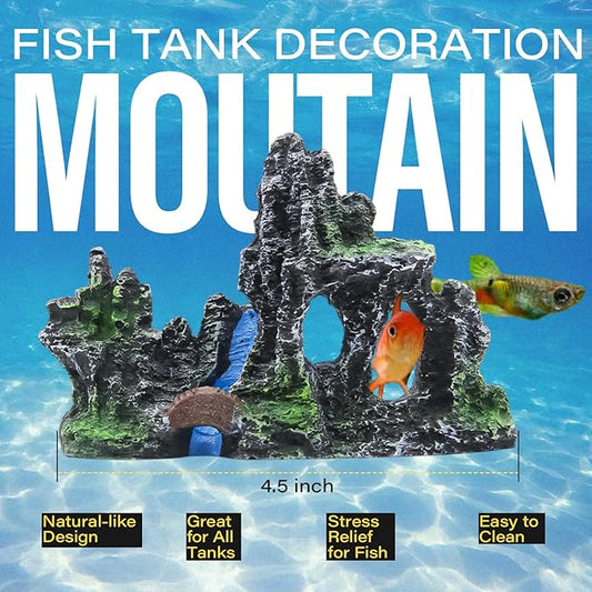 Mountain Aquarium Decoration 4.5" – Natural Rock Resin Fish Tank Ornament with Multiple Hiding Spots, Fish Shelter for Small and Medium Aquariums, Stress-Relief Underwater Decor, Easy to Clean