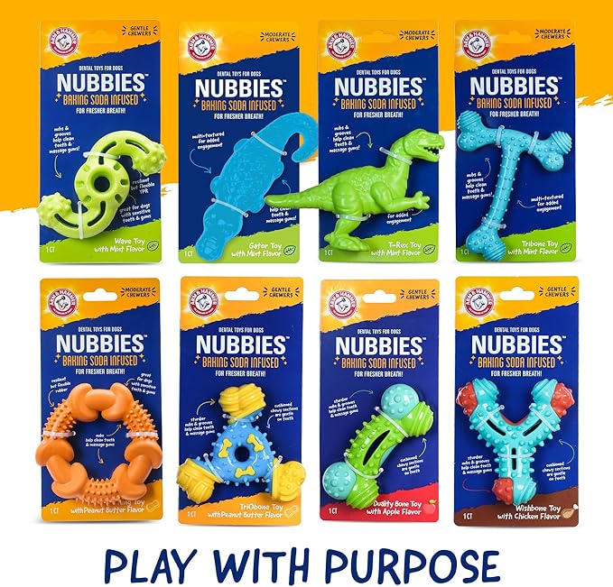 Arm & Hammer Nubbies Denta-Saurus T-Rex Dog Dental Chew Toy, Mint Flavor, for Moderate Chewers, Nylon, Reduces Plaque and Tartar Without Brushing, Baking Soda Infused - 24 Pack