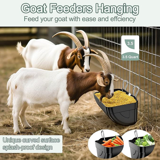 Goat Feeders Hanging, Chicken Waterer Feeder Trough for Poultry Livestock (6 * 3.5 Quart Black)