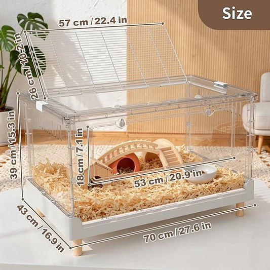 Larger Acrylic Transparent Hamster Cage - Small Animal Cage for Guinea Pig, Hedgehog,Dwarf Hamster, Rat,Mouse,Ferret, Sugar Glider and Bird,DIY Extendable & Stackable(27.5" Lx16.9 Wx15.4 H)