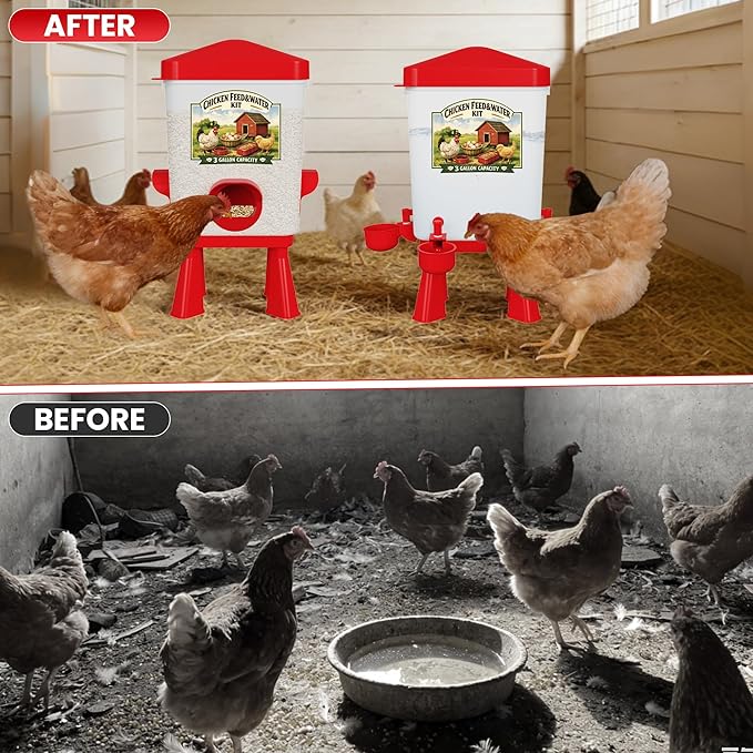 Erinaik Chicken Feeder and Waterer Set, 3 Gallon/16 LB Automatic Poultry Feeding System with Hanging Option, No Waste Feeder Ports & Water Cups, BPA-Free, Ideal for Hens Ducks and Poultry (RED2)