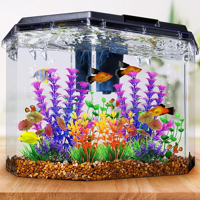 QUOZUO Fish Tank Decorations - 10 Pcs Colorful Aquarium Plants, Plastic Accessories, Mini Plants for Aquarium Decor