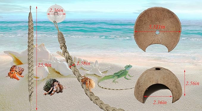 2PCS Hermit Crab Accessories,25.9inx1.58in Reptile Climbing Rope,Natural Coconut Reptile Hideouts,Ermit Crab, Hamster, Chameleon, Tree Frog, Lizard, Gecko Habitat Aquarium Decoration