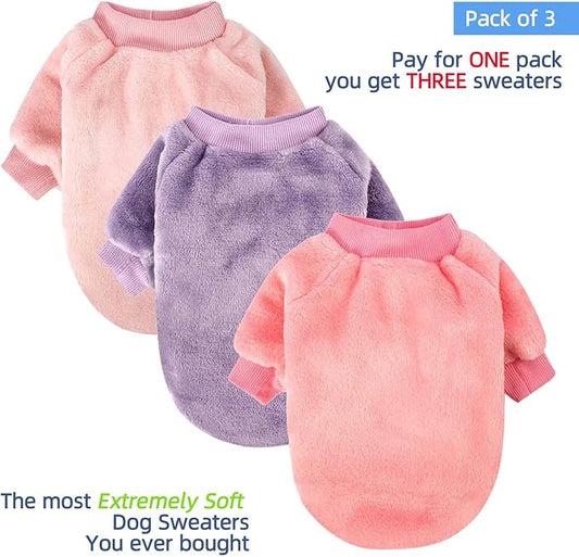 FabriCastle Dog Sweaters, 3-Pack Dog Clothes for Small Dogs Girl & Cats, Soft and Warm Pet Coats XXS - XXL, Winter Pet Jackets, Doggy Apparel Costumes, Puppy Outfits (Pink,Purple,Light Pink, Small)