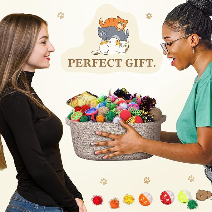 Zopeal 58 Pcs Mother’s Day Cat Storage Basket Gift Toys Set, Colorful Flashing Balls Pet Bell Crinkle Balls Spring Toys Attract Cat to Swat, Hunt, Interactive for Pet(Dark Brown,12 Inch)