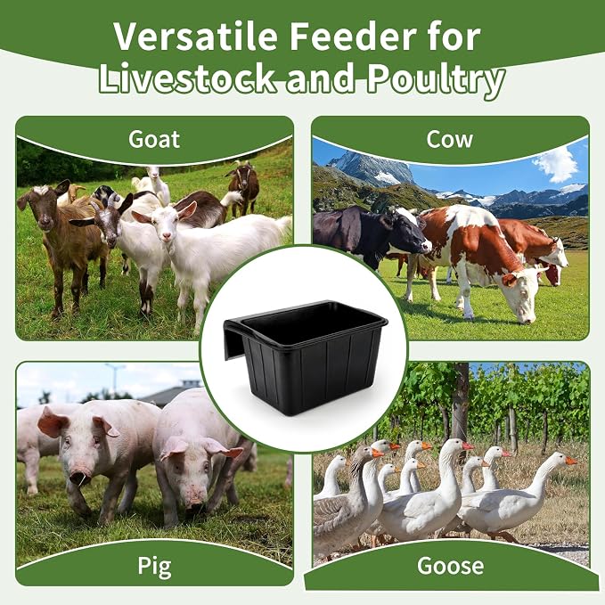 3 Pack 17 Quart Rubber Horse Feed Bucket Heavy Duty Plastic Hay Feeder for Stall Fence Pasture Stable Mountable Cattle Sheep Cow Feeding Pan with Hook for Easy Hanging Black