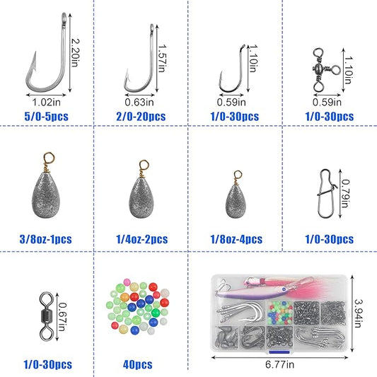 226pcs Saltwater Fishing Tackle Kit Include Fishing Lures Hooks Leader Rigs Bucktail Jig Weights Sinkers Swivel Snap Beads Various Accessories with Tackle Box for Freshwater Saltwater Fishing