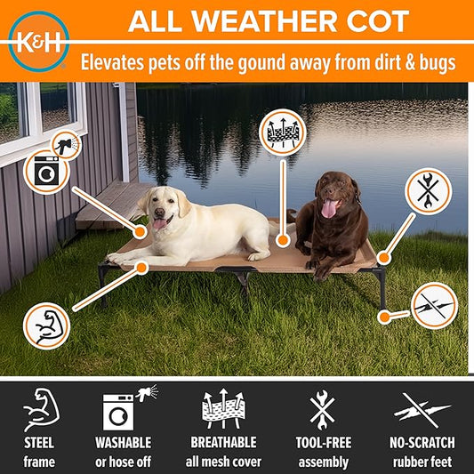 K&H Outdoor Elevated Dog Bed - Cooling Raised Dog Bed for Extra-Large & Giant Pets, Breathable Mesh Hammock Design, Indoor/Outdoor Washable Cover, Portable Metal Frame, Tan, Jumbo 56x38in