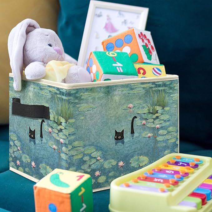 Water Lily Pond Black Cat Storage Bin Box, Cat Lover Mom Lady Grandma Gifts Collapsible Storage Basket Organizer for Bedroom Bathroom Home Clothes Toys Books, Toybox for Girls