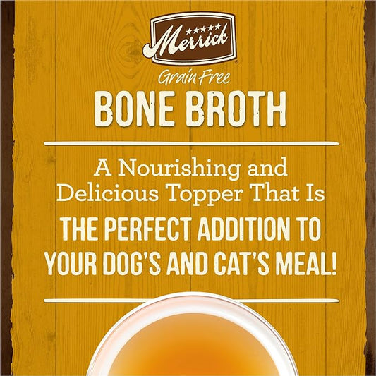 Merrick Grain Free Bone Broth, Premium Human Grade And Gluten Free Dog And Cat Food Topper Pouches, Chicken - 16 oz. Pouch (Pack of 2)