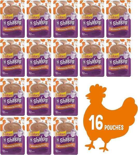 Friskies Purina Pureed Cat Food Topper,Lil’ Shakes with Enticing Chicken Lickable Cat Treats - 1.55 oz. Pouches,(Pack of 32)