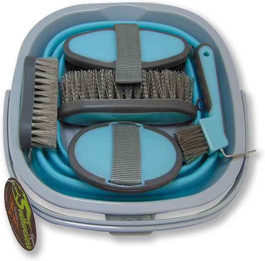 Collapsible Grooming Kit 10 Liter Bucket and 5 Grooming Tools - By Southwestern Equine - Turquoise