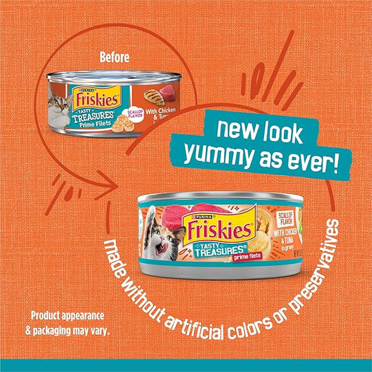 Friskies Purina Wet Cat Food Tasty Treasures with Chicken and Tuna in Gravy (Scallop Flavor) - 5.5 oz. Cans (Pack of 48)