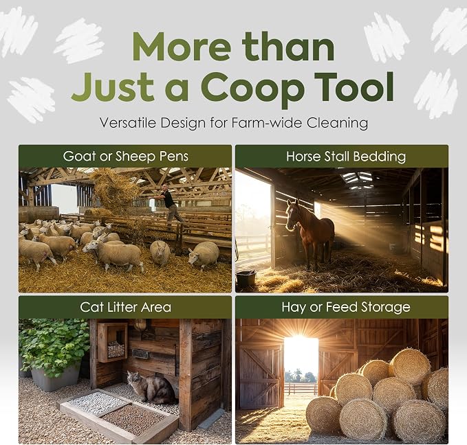 2-in-1 Chicken Coop Poop Scooper and Rake - Metal Sand Sifting Litter Scoop Shovel with Angled Basket and Micro-Sized Diamond Mesh to Catch the Smallest Farm Animal Droppings - Adjustable 12" to 53"