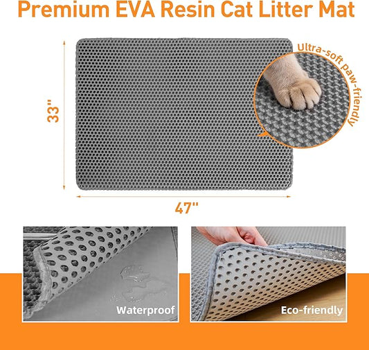 Large Cat Litter Mat for Litter Box, 47"×33" Double Layer Trapping Mat, Non-Slip Water Proof Kitty Litter Pad, Grey
