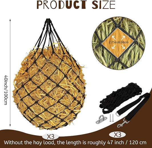 3 Pcs 47" Large Heavy Duty Hay Nets for Horses,Slow Feed Hay Bags for Horses – Hanging Hay Net Feeder with Straps & Hooks for Stall, Fence, Trailer, Goats & Sheep