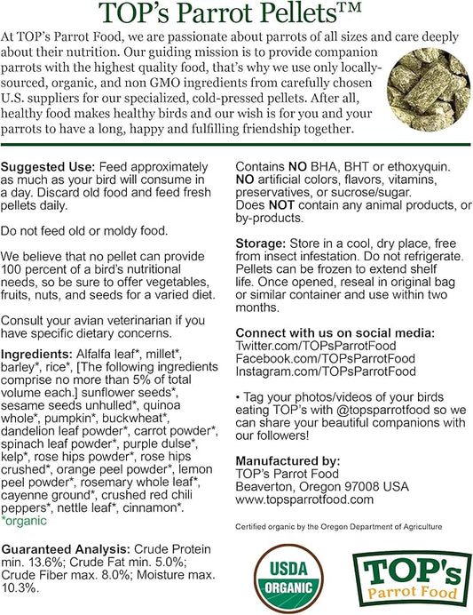 TOP's Parrot Food Pellets Hookbills, Small, Medium and Large Parrots - Non-GMO, Peanut Soy & Corn Free, USDA Organic Certified - 10 lb / 4.53 kg