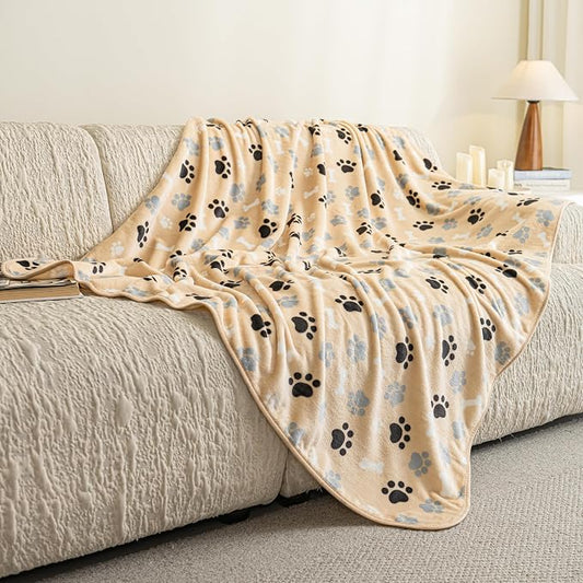 Dog Blanket Paw Bone Pattern 1 Pack 2 Super Soft Warm Flannel Sofa Cover Car Bed Protector, Urine Proof Washable Outdoor Pet Blanket for Puppy Large Dogs & Cats,40"*30" Grey&Beige