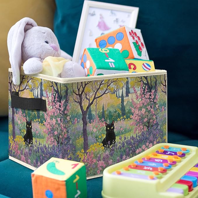 Black Cat Flower Garden Storage Bin Box, Cat Lover Mom Lady Grandma Gifts Collapsible Storage Basket Organizer for Bedroom Bathroom Home Clothes Toys Books, Toybox for Girls