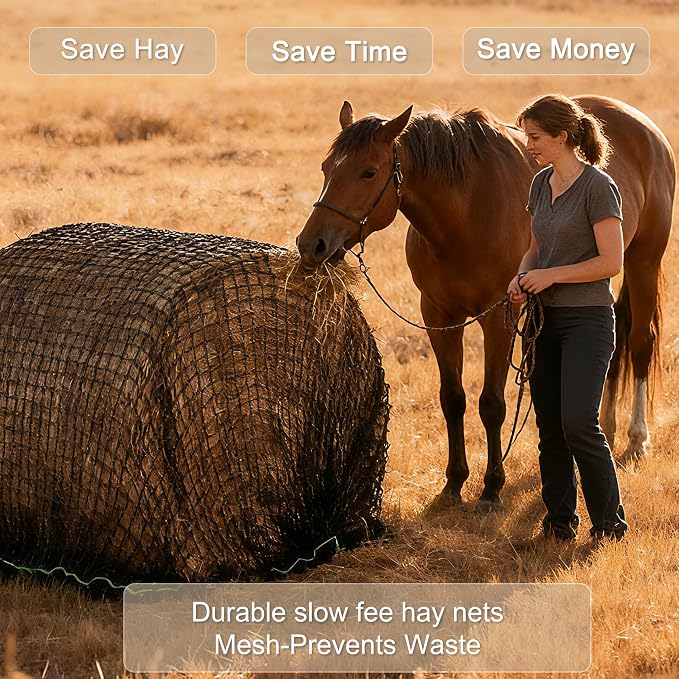 Martx 5X5ft Round Bale Hay Net for Horses Slow Feed,Knotless-Livestock Slow Feed Hay,Fits 4x4 5x5 6x6 Round Bales,Heavy Duty &1.5inch Holes Feeder Nets for Horses Goats Cattle Reduce Waste