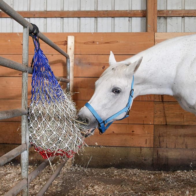 Majestic Ally 2 pcs Slow Feed 42” Hay Net for Horses, Strong Small 2x2” Holes, Nylon Rope Hanging, Adjustable Travel Feeder for Trailer and Stall, Simulates Grazing, Reduce Waste