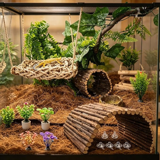 Bearded Dragon Tank Accessories, Reptile Mat Hammock Plants Bridge Jungle Climber Vines Terrarium Decorations for Leopard Gecko, Hermit Crab Lizard Snake (9 PCS Without Reptile Mat)
