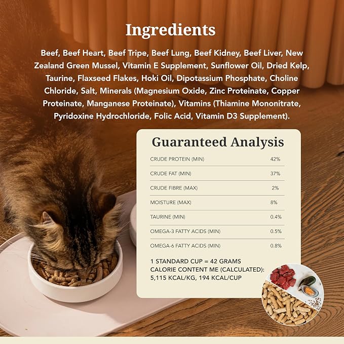 Feline Natural High Protein Dry Cat Food, Freeze-Dried Diet with 98% Meat, Organs & Seafood, No Peas, Grains, or Artificial Additives, Made in New Zealand, Beef, 11oz
