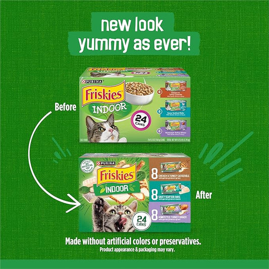 Friskies Purina Indoor Cat Food 24ct VP - (Chicken and Turkey Casserole, Saucy Seafood Bake, Homestyle Turkey Dinner) - 5.5 oz. Cans (Pack of 48)