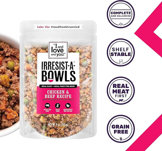 I AND LOVE AND YOU Irresist-a-Bowls Freeze Dried Dog Food - Chicken + Beef- Prebiotics, Grain Free, Filler Free, Meal Enchancer, 9oz Pouch, 4pk