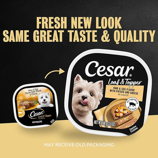 Cesar Loaf & Topper in Sauce Wet Dog Food Ham & Egg Flavor with Potato & Cheese, 3.5 oz. Easy Peel Trays, 24 Count (Pack of 1)
